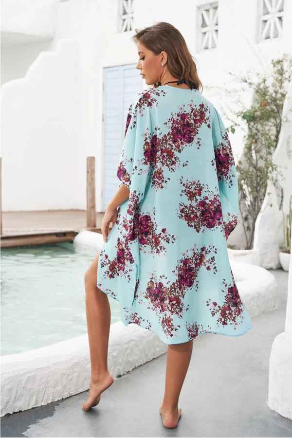 Light Blue Floral Kimono Sleeves Chiffon Open Front Cover Up Dress